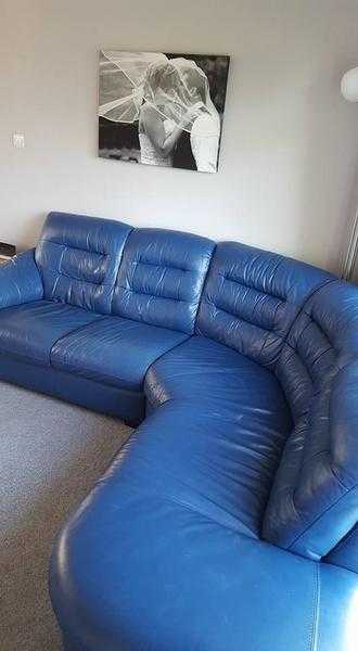 Leather corner sofa, blue, good condition