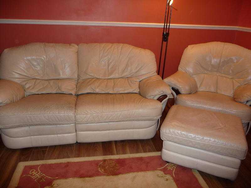 LEATHER CREAM RECLINER SOFA SUITE PLUS POUFFE