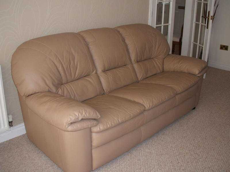 Leather sofas (2 x matching mink coloured soft leather sofas)