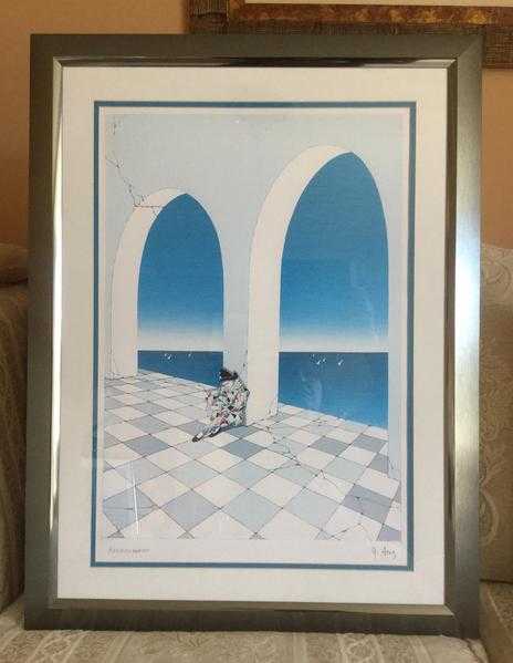 Lovely Fresh Framed Print with sitting Pierrot. AS NEW