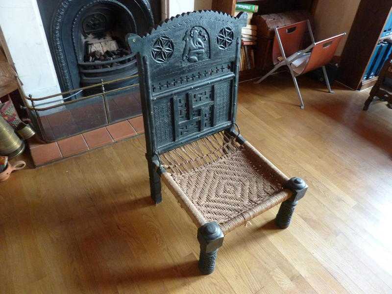 Low Indian Carved Wood Chair