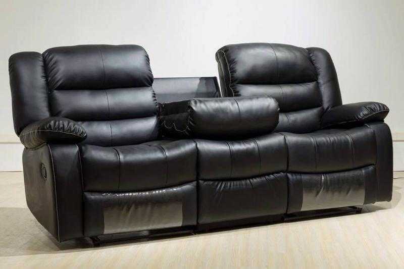 Luxury 3 and 2 Seater Smart Sofa In Bonded Leather With Pull Down Drink Holder