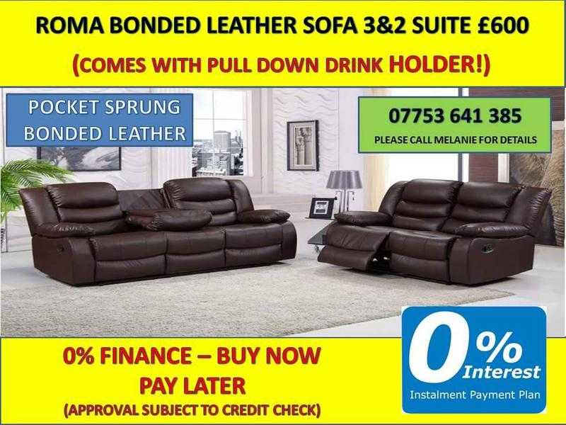 LUXURY BONDED LEATHER RECLINER SOFA SUITE WITH DRINK HOLDERS