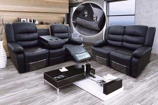 LUXURY RAEVYNN BONDED LEATHER RECLINER SOFA SUITE WITH DRINK HOLDERS