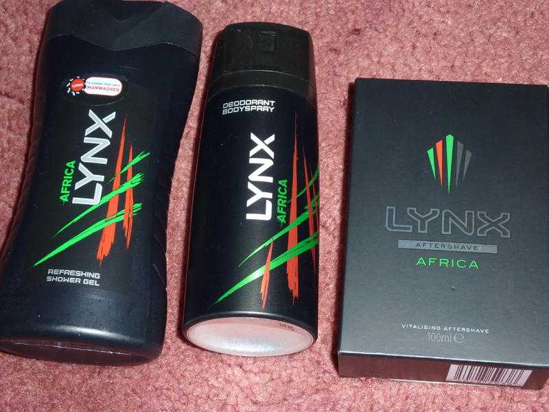 Lynx Africa men039s toiletries, unopened. Aftershave, shower gel, deodorant