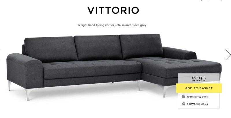 Made new Vittorio left hand facing corner anthracite grey sofa