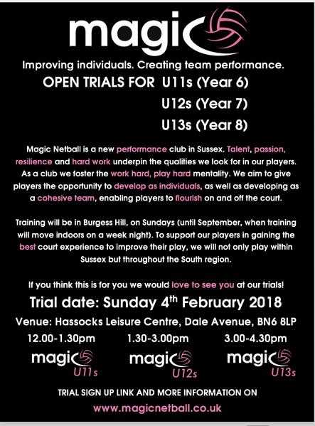 Magic Netball Club (New Sussex Performance Netball Club) looking for Year 6,7 and 8 players