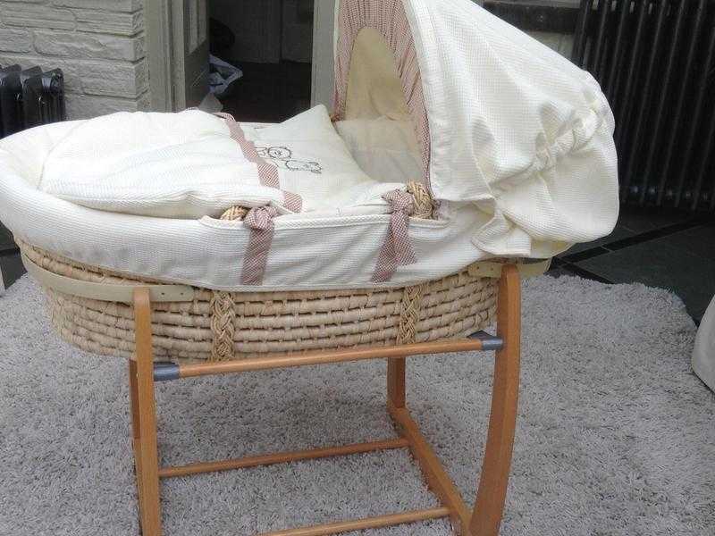 Mamas and Papas Moses Basket and luxury rocking Stand. 2 mattresses, coverlet and additional basket.