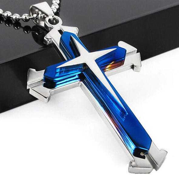 Men Blue Silver Stainless Steel Cross Pendant Unisex039s Chain Necklace New