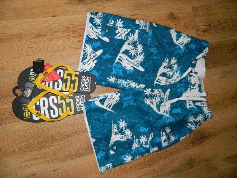 Mens Crosshatch shorts and flip flops new Size Large