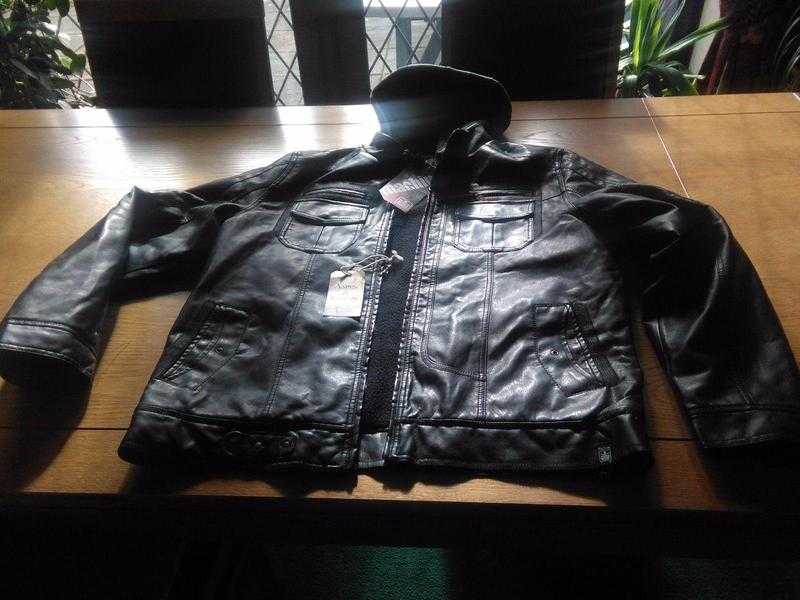 Mens Faux Leather Fleece Lined Jacket With Detachable Hood