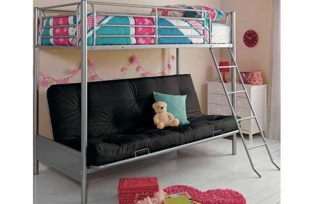 metal silver colour frame, bunk bed with black and grey futon.