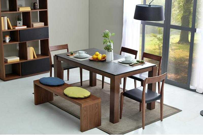 Modern Dining Table with Natural Volcanic Stone and Walnut Wood - Well maintained Almost NEW