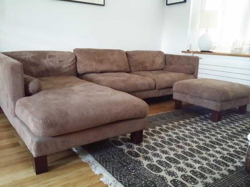 Modern Suede Corner Sofa with matching armchair amp foot stool in brown Suede.