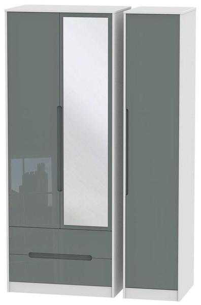 Monaco High Gloss Grey and White Triple Wardrobe - Tall with 2 Drawer and Mirror