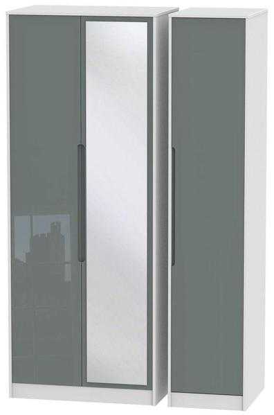 Monaco High Gloss Grey and White Triple Wardrobe - Tall with Mirror