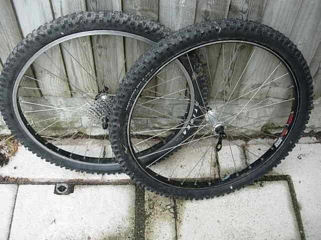 mountain bike wheels, with 7 speed cassette and tyres