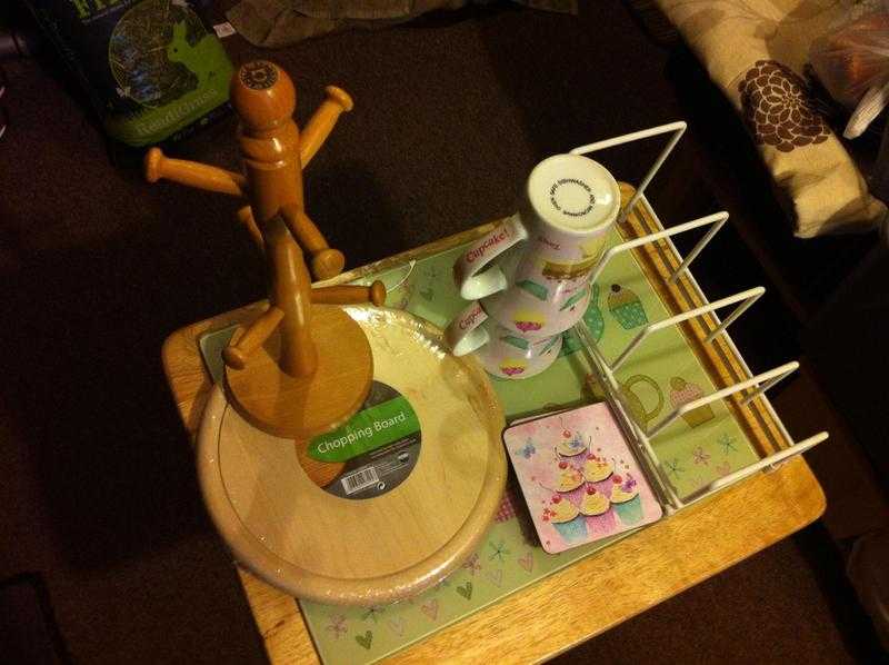 Mug Tree, mugs, coasters, bread board, glass worktop saver, plate rack (new amp used)