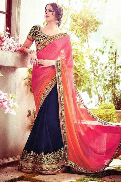 Multi Color Georgette Saree With Navy Blue Blouse