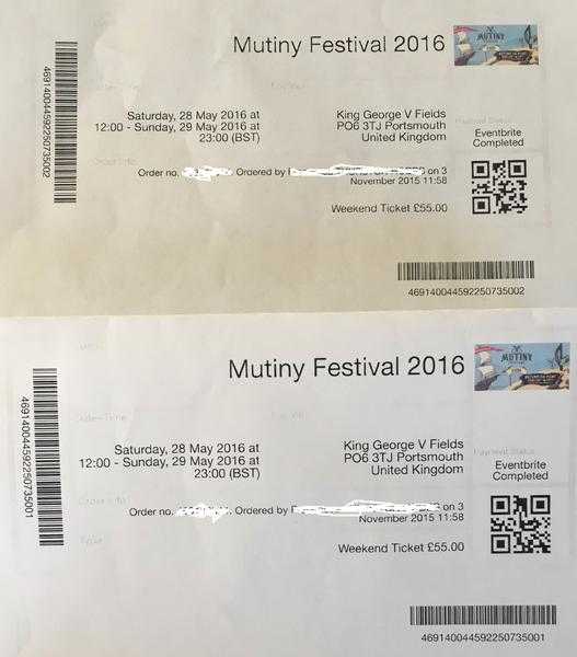 Mutiny Festival 2016 Tickets x 2 - PORTSMOUTH - whole weekend