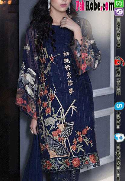 Navy Blue Embroidered Chiffon Dress