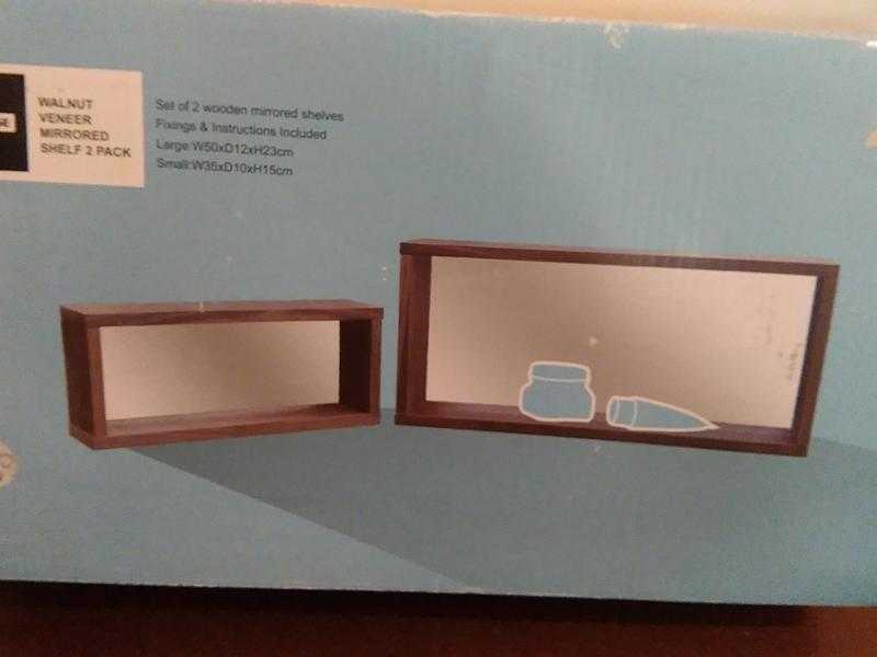 New and Boxed Mirrored Bathroom Shelves Walnut Finish