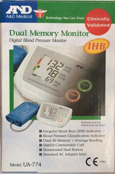 New Blood Pressure monitor A amp D UA- 774 BPM Dual Memory