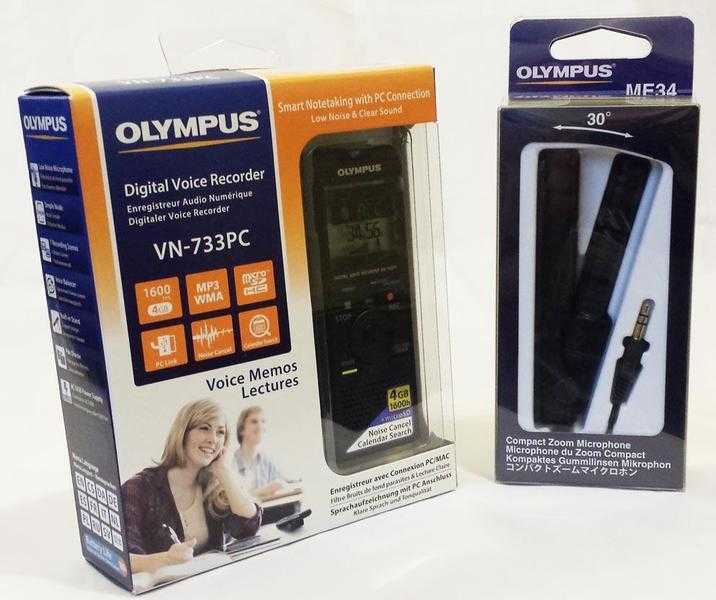 New Olympus VN-733 4GB Voice Recorder  ME34 Zoom Microphone, boxed and unused.