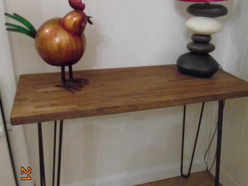 NEW  WAXED OAK CONSOLEHALL DESK TABLE WITH CONTEMPORARY COPPER HAIR PIN LEGS