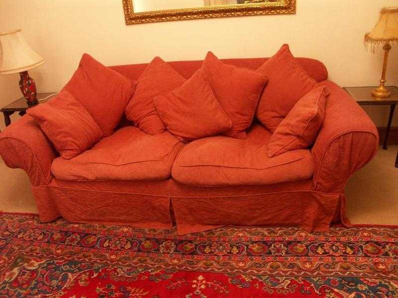 NOW SOLD    LARGE RED SOFA WITH SCATTER CUSHIONS