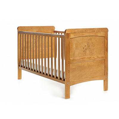 O039Baby Deluxe Pine Cot Bed with Winnie The Pooh Motif