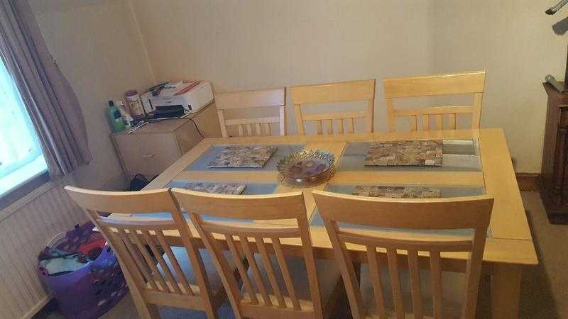 oak and glass style table and 6 chairs creamy colour