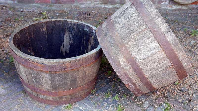Oak cask planters - old and weathered, rustic look