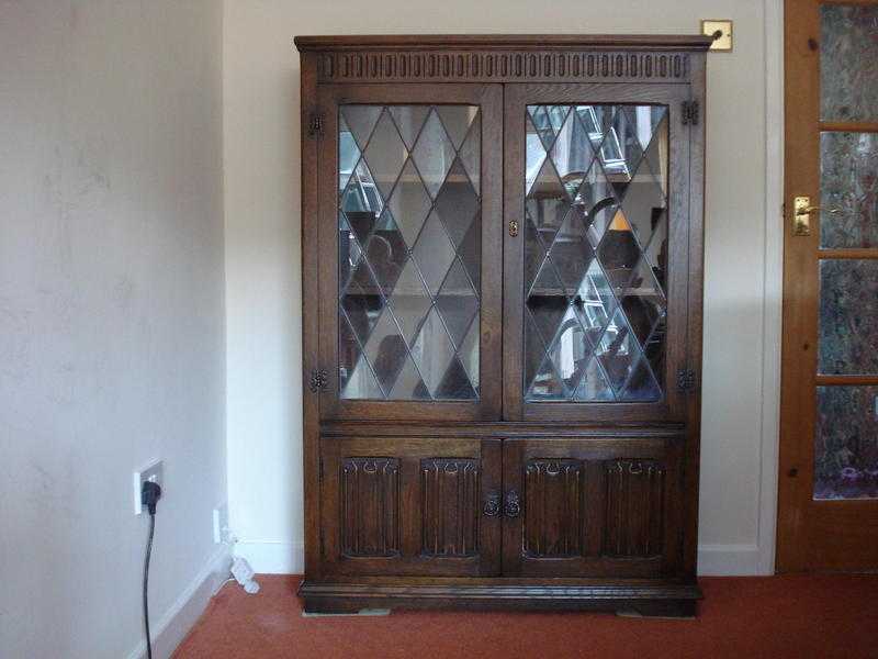 Old Charm Carved Oak Leaded Bookcase  Cabinet On Cupboard