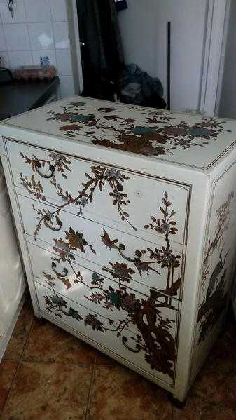 Old Cream and Gold Oriental Style Chest of Drawers