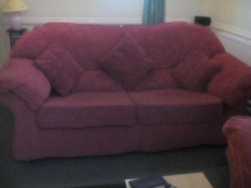 ONLY 70 EACH 2 VERY COMFY 3 SEAT MATCHING SOFAS IN SOFT CHENILLE FABRIC WITH POUFFE