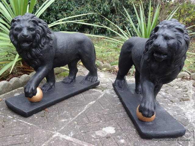 Pair Antique Georgian Bronze Style Large Lion On Gold Ball Stone Garden Statues