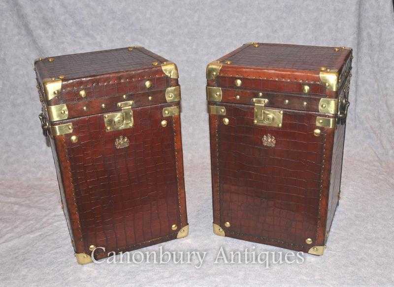 Pair Crocodile Skin Luggage Case Steamer Trunk Side Tables