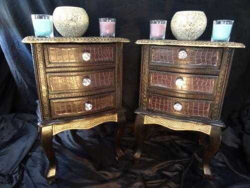 Pair Fancy Ideal French Regency Style Gilt Leather Bow Fronted Bedside Tables