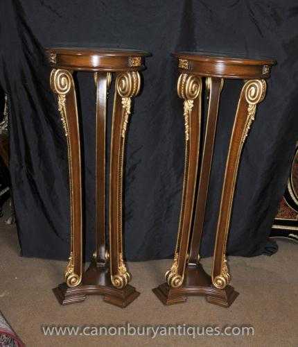 Pair French Empire Pedestal Stand Tables Walnut