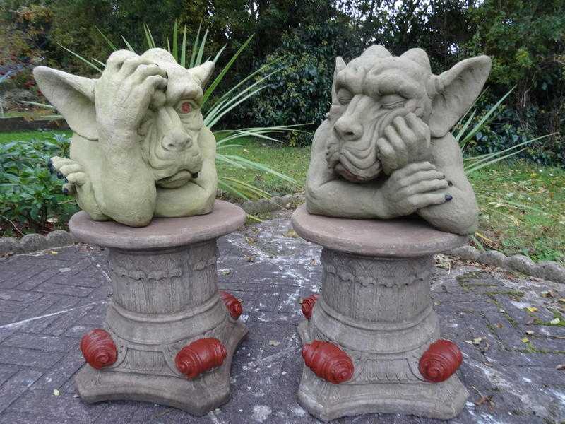 Pair Gothic Stone Large Head Claw Muscle Gargoyle amp Scroll Plinth Garden Statues