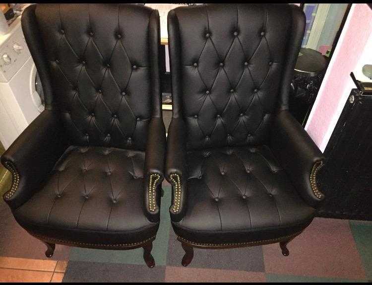 Pair of Black Chesterfield high back PU leather chairs