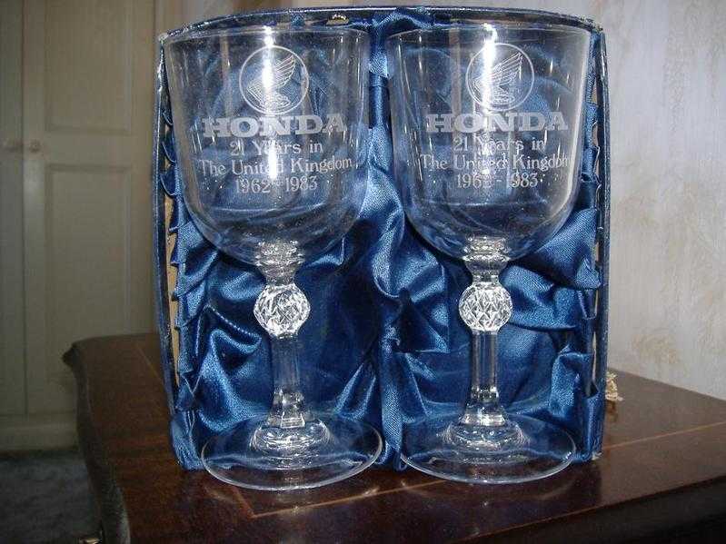 pair of honda uk (chiswick)commemerative cut glass engraved wine goblets