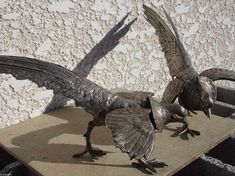 Pair of pheasants, silver-plated bronze.