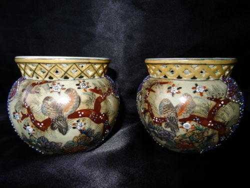 Pair Vintage Style Reproduction Oriental Filigree Pottery Bowls Signed