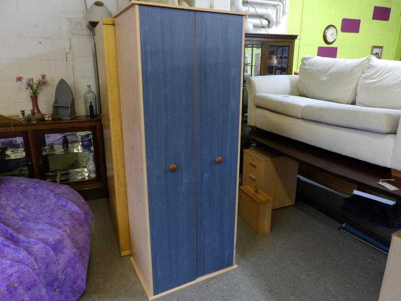 Pine Effect Wardrobe With Blue Doors - Local Delivery Service Available