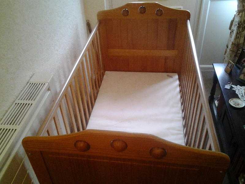 Pine OBaby Lisa cot bed, mattress, bedding musical mobile, high chair amp changing mat.
