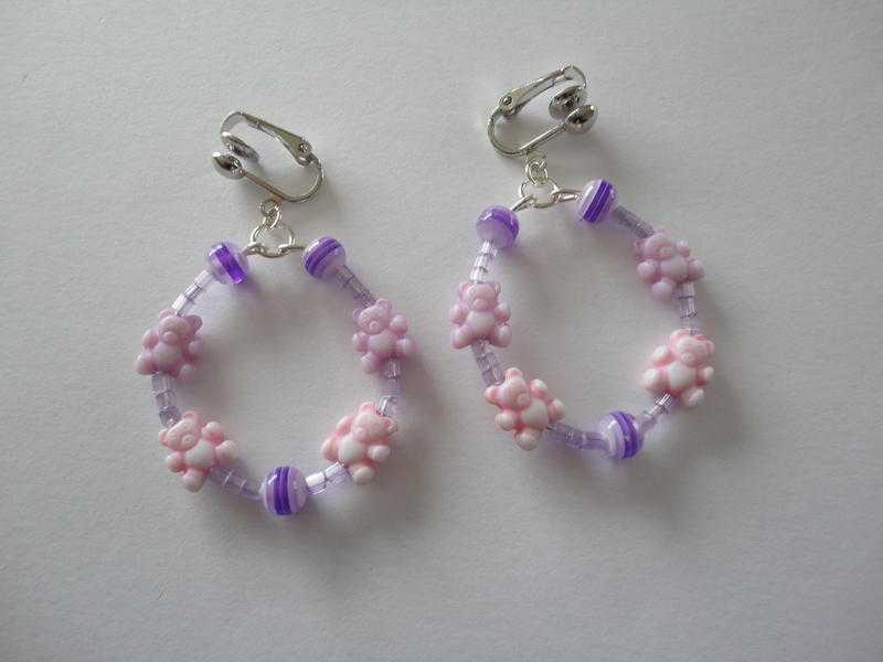 Pink amp Purple Acrylic Bear-Bead Hoop Earrings on Clip-On. Handmade.