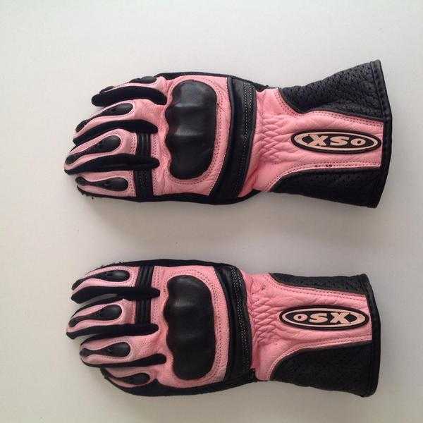 Pink and black leather motorcycle gloves