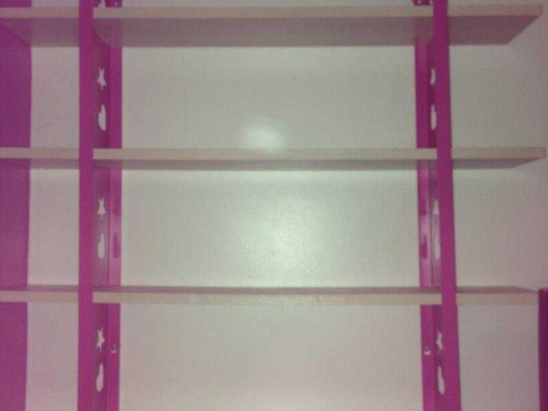 Pink and maple shelving unit